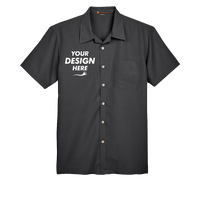 Harriton Men's Barbados Textured Camp Shirt, Black, Front view, Mockup