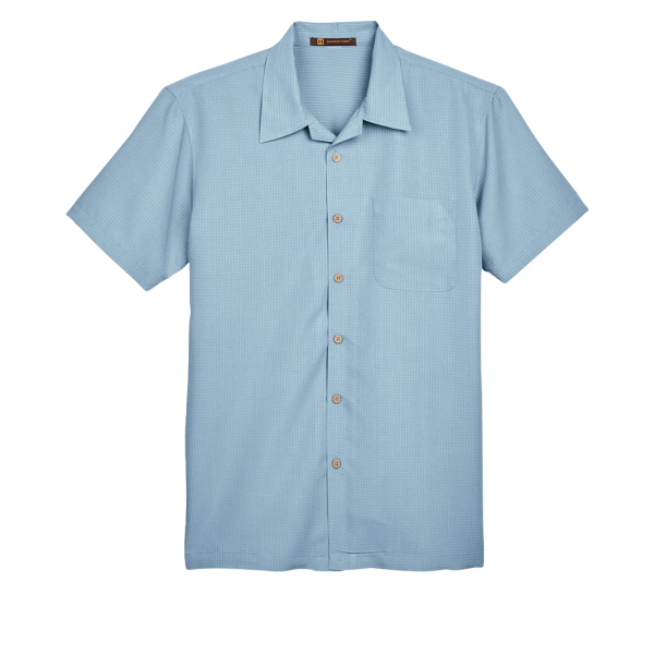 Harriton Men's Barbados Textured Camp Shirt, Cloud Blue, Front view