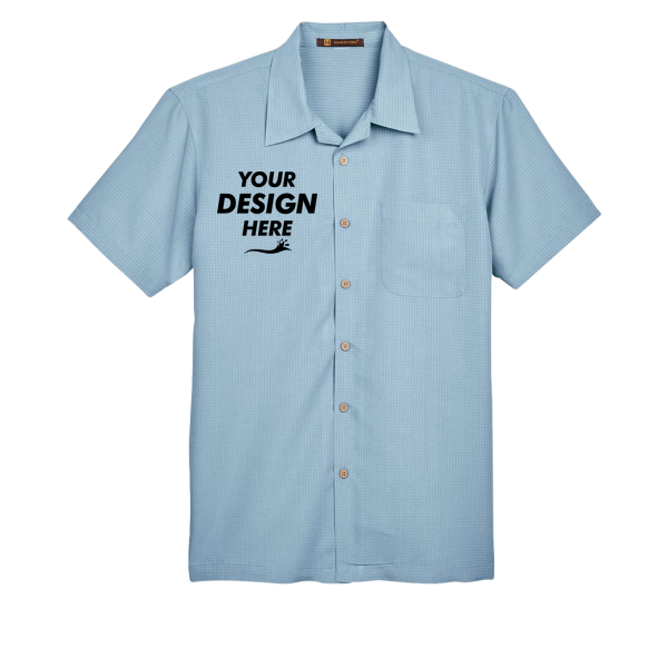 Harriton Men's Barbados Textured Camp Shirt, Cloud Blue, Front view, Mockup