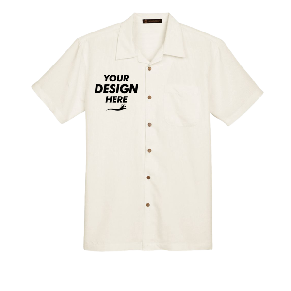 Harriton Men's Barbados Textured Camp Shirt, Cream, Front view, Mockup