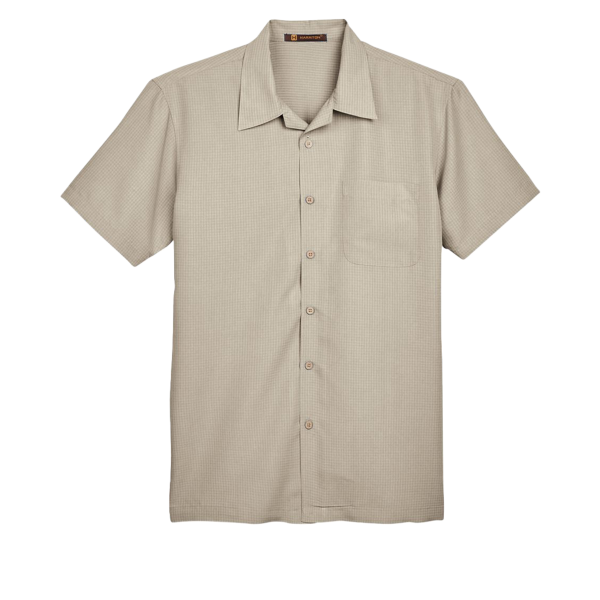Harriton Men's Barbados Textured Camp Shirt, Khaki, Front view