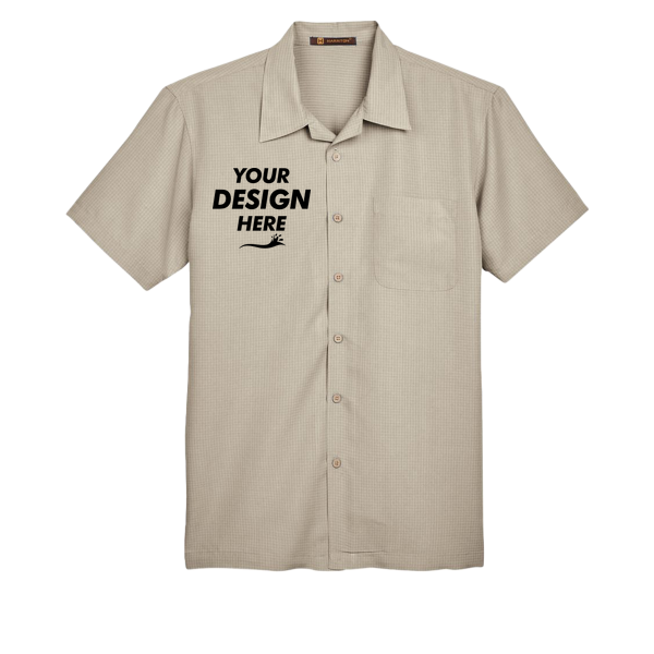 Harriton Men's Barbados Textured Camp Shirt, Khaki, Front view, Mockup
