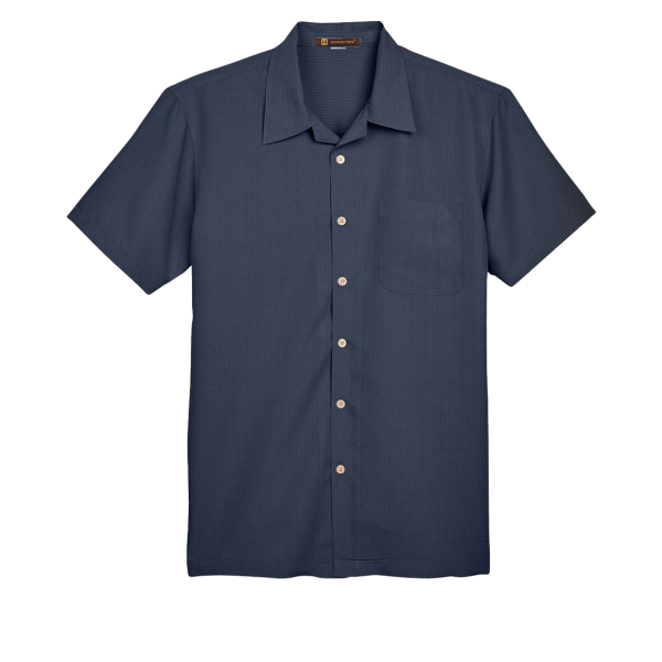 Harriton Men's Barbados Textured Camp Shirt, Navy, Front view