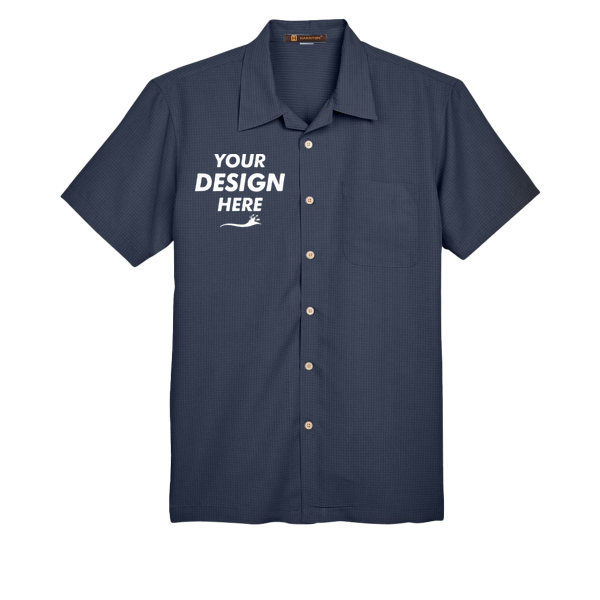 Harriton Men's Barbados Textured Camp Shirt, Navy, Front view, Mockup