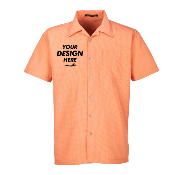 Harriton Men's Barbados Textured Camp Shirt, Nectarine, Front view, Mockup
