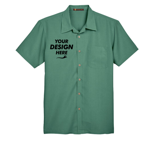 Harriton Men's Barbados Textured Camp Shirt, Palm Green, Front view, Mockup