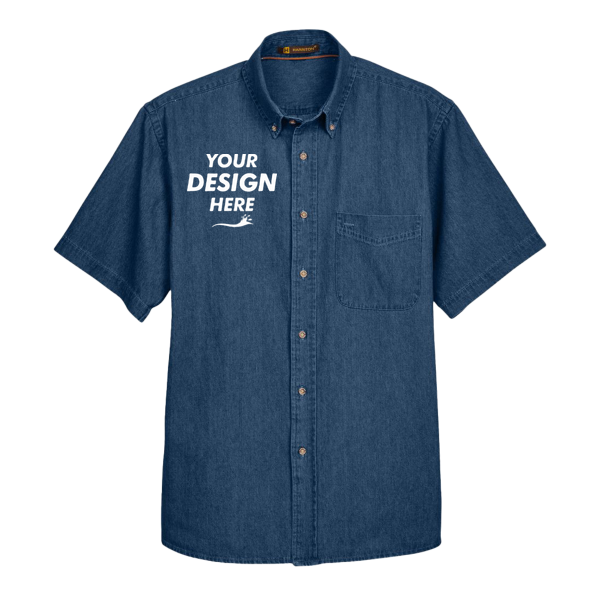 Harriton Men's Denim Shirt, Dark Denim, Front view, Mockup