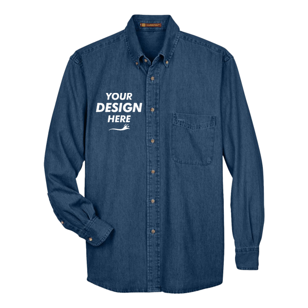 Harriton Men's Denim Shirt, Dark Denim, Front view, Mockup