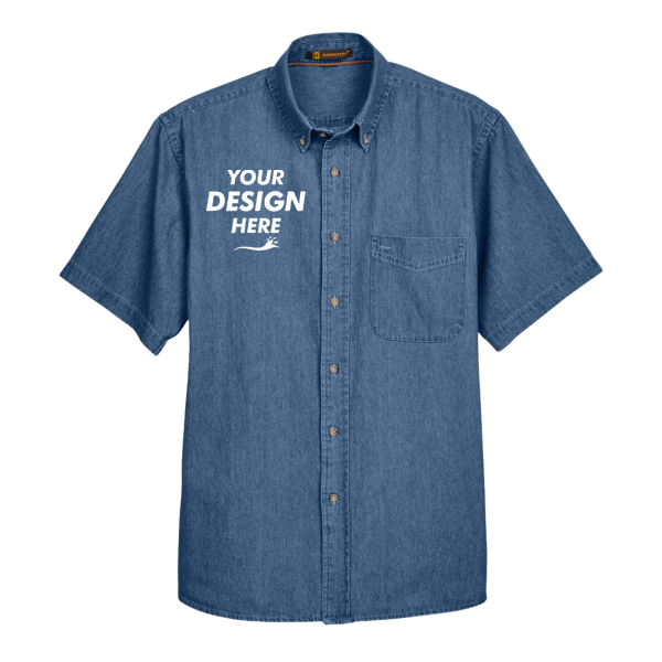 Harriton Men's Denim Shirt, Light Denim, Front view, Mockup