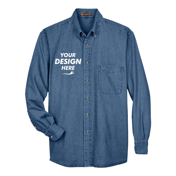 Harriton Men's Denim Shirt, Light Denim, Front view, Mockup