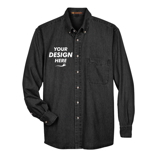 Harriton Men's Denim Shirt, Washed Black, Front view, Mockup