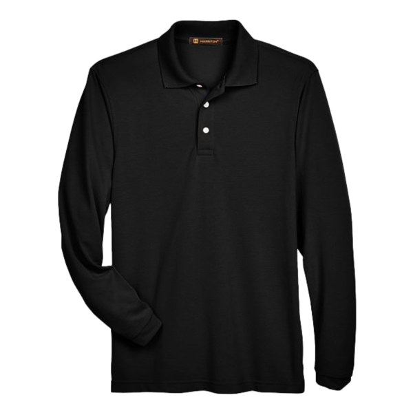 Harriton Men's Easy Blend™ Long Sleeve Polo, Black, Front view