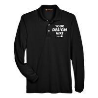 Harriton Men's Easy Blend™ Long Sleeve Polo, Black, Front view, Mockup