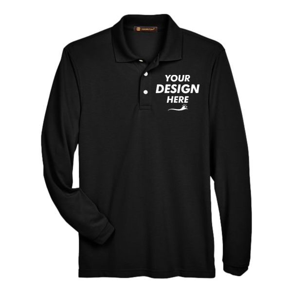 Harriton Men's Easy Blend™ Long Sleeve Polo, Black, Front view, Mockup
