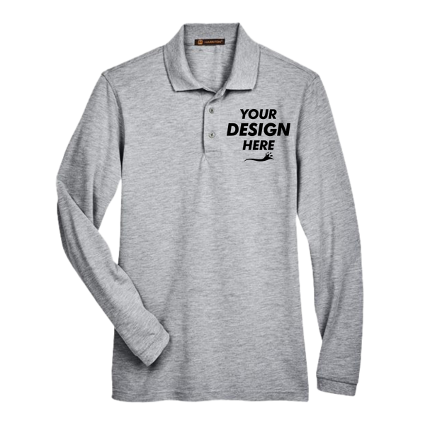 Harriton Men's Easy Blend™ Long Sleeve Polo, Grey Heather, Front view, Mockup