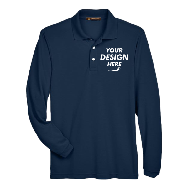Harriton Men's Easy Blend™ Long Sleeve Polo, Navy, Front view, Mockup