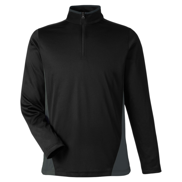 Harriton Men's Flash Snag Protection Plus IL Colorblock Quarter-Zip Pullover, Black / Dark Charcoal, Front view