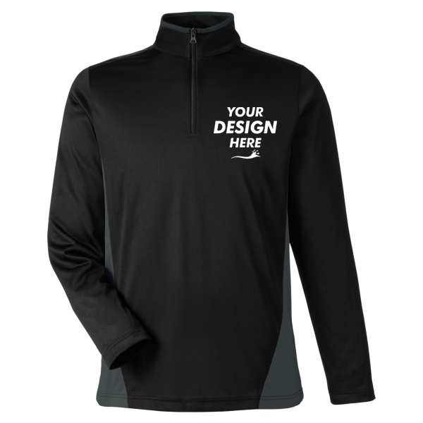 Harriton Men's Flash Snag Protection Plus IL Colorblock Quarter-Zip Pullover, Black / Dark Charcoal, Front view, Mockup