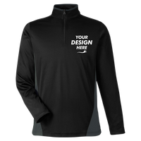 Harriton Men's Flash Snag Protection Plus IL Colorblock Quarter-Zip Pullover, Black / Dark Charcoal, Front view, Mockup