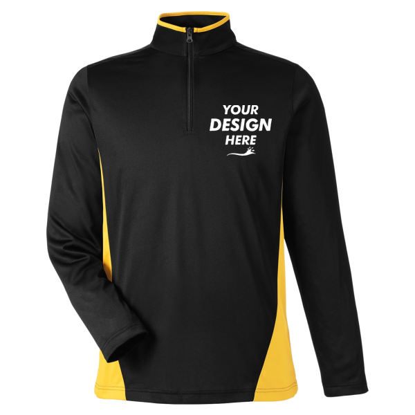 Harriton Men's Flash Snag Protection Plus IL Colorblock Quarter-Zip Pullover, Black / Sunray Yellow, Front view, Mockup
