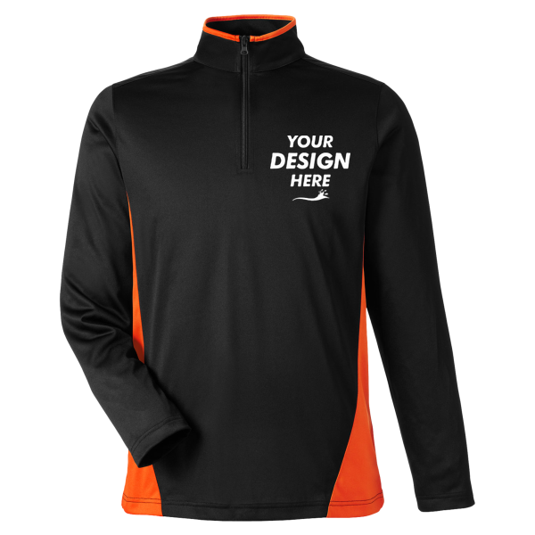 Harriton Men's Flash Snag Protection Plus IL Colorblock Quarter-Zip Pullover, Black / Team Orange, Front view, Mockup