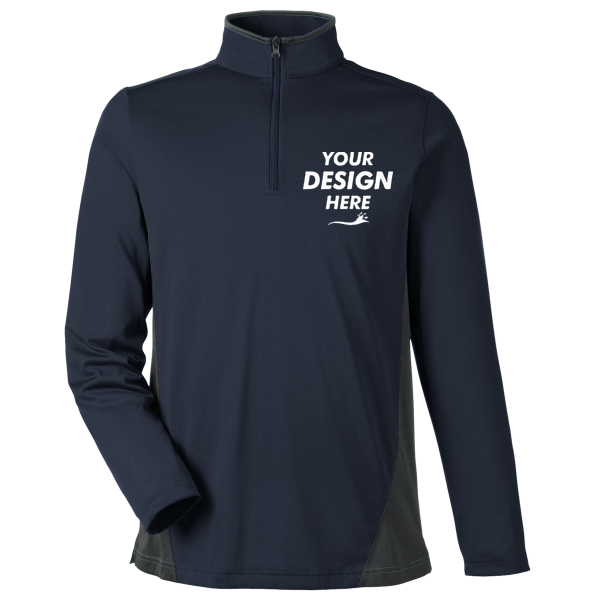 Harriton Men's Flash Snag Protection Plus IL Colorblock Quarter-Zip Pullover, Dark Navy / Dark Charcoal, Front view, Mockup