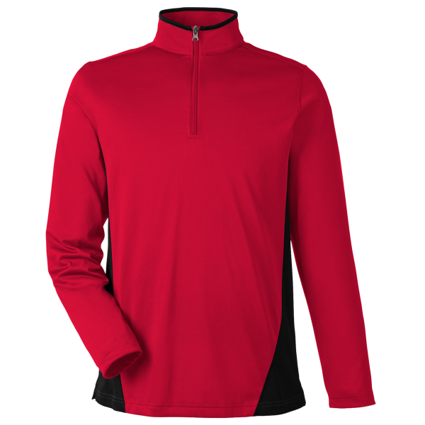 Harriton Men's Flash Snag Protection Plus IL Colorblock Quarter-Zip Pullover, Red / Black, Front view