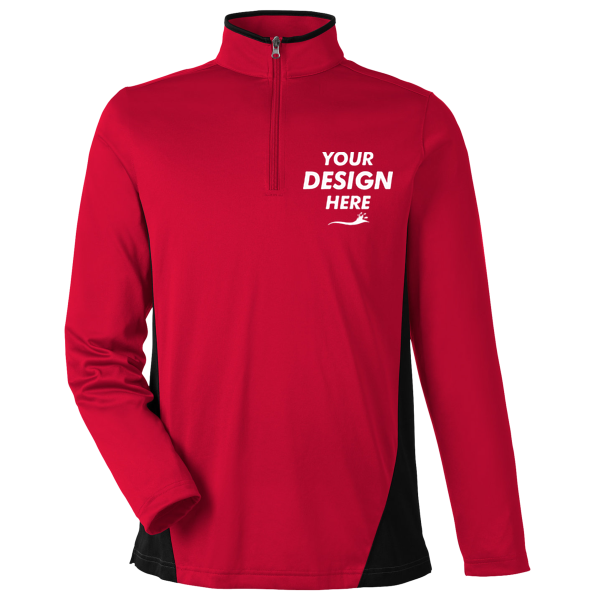Harriton Men's Flash Snag Protection Plus IL Colorblock Quarter-Zip Pullover, Red / Black, Front view, Mockup