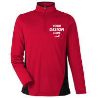 Harriton Men's Flash Snag Protection Plus IL Colorblock Quarter-Zip Pullover, Red / Black, Front view, Mockup