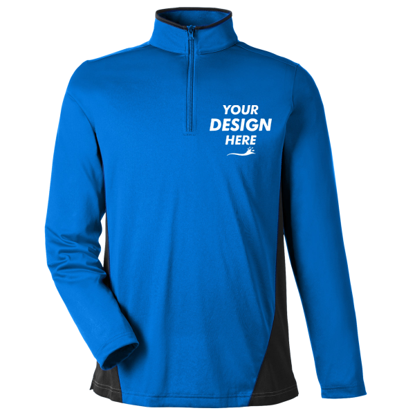 Harriton Men's Flash Snag Protection Plus IL Colorblock Quarter-Zip Pullover, True Royal / Black, Front view, Mockup