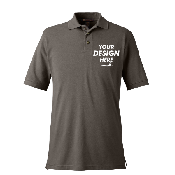 Harriton Men's Pique Polo, Charcoal, Front view, Mockup