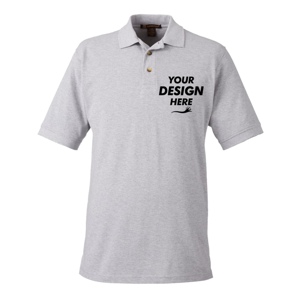 Harriton Men's Pique Polo, Grey Heather, Front view, Mockup