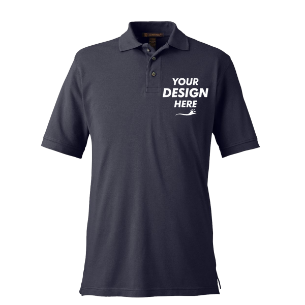 Harriton Men's Pique Polo, Navy, Front view, Mockup