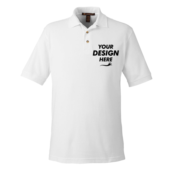 Harriton Men's Pique Polo, White, Front view, Mockup