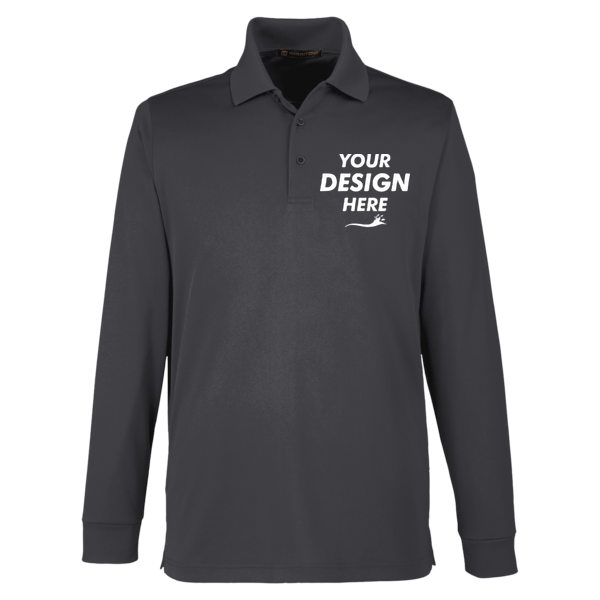 Harriton Men's Tall Advantage Long Sleeve Snag Protection Plus IL Polo, Dark Charcoal, Front view, Mockup