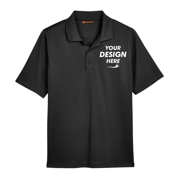 Harriton Men's Tall Advantage Snag Protection Plus IL Polo, Black, Front view, Mockup