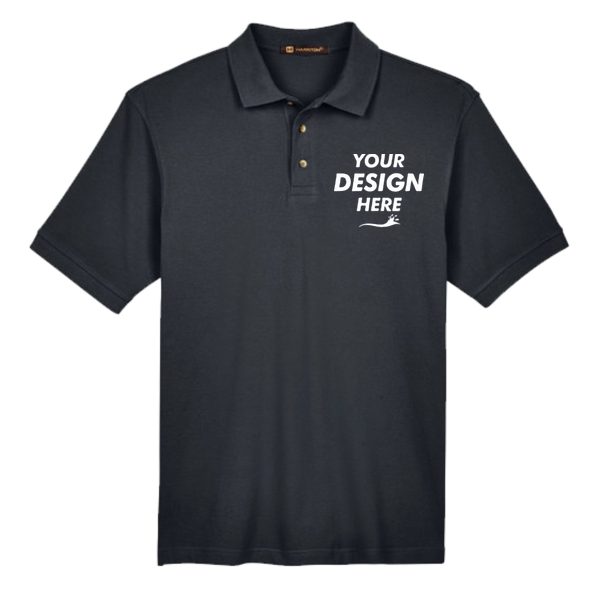 Harriton Men's Tall Cotton Pique Polo, Black, Front view, Mockup