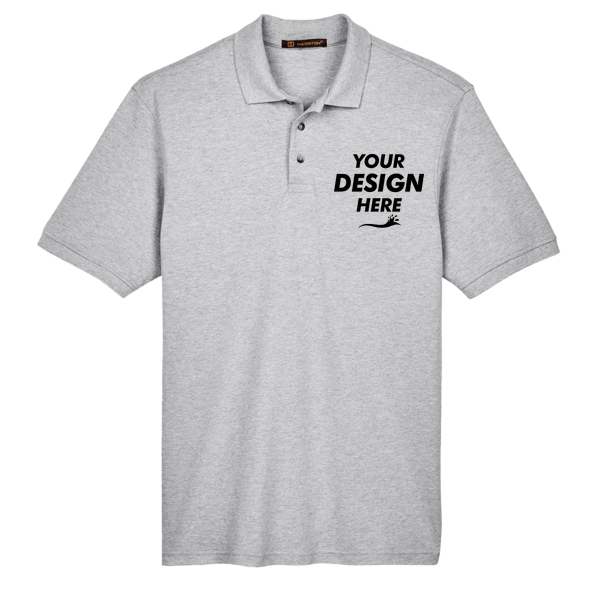 Harriton Men's Tall Cotton Pique Polo, Grey Heather, Front view, Mockup
