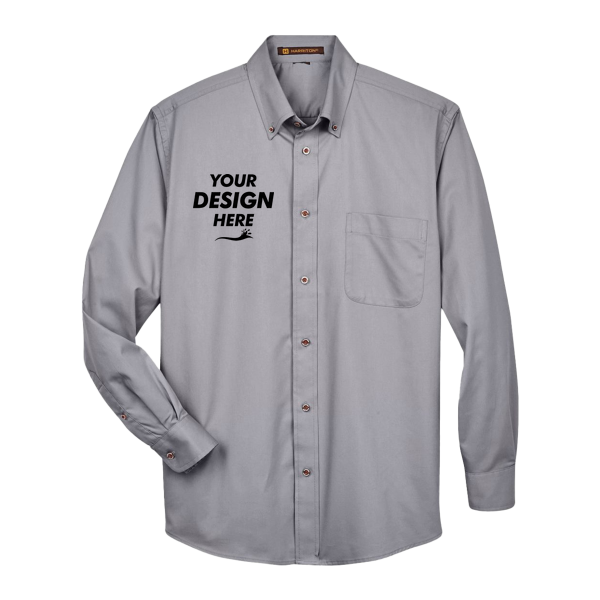 Harriton Men's Tall Easy Blend™ Twill Dress Shirt, Dark Grey, Front view, Mockup