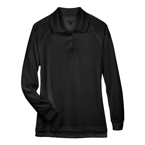 Harriton Women's Advantage Long Sleeve Tactical Polo, Black, Front view