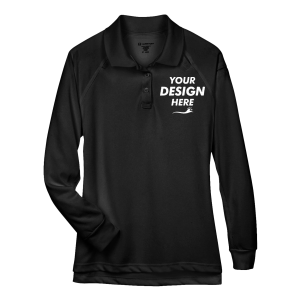 Harriton Women's Advantage Long Sleeve Tactical Polo, Black, Front view, Mockup