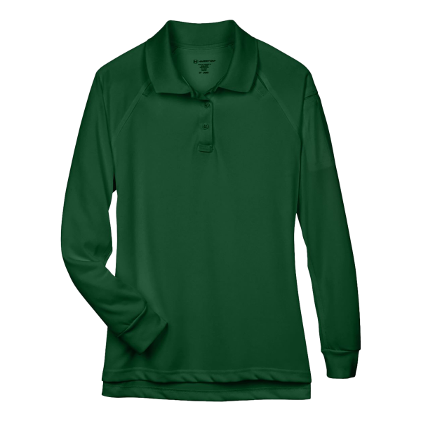 Harriton Women's Advantage Long Sleeve Tactical Polo, Dark Green, Front view