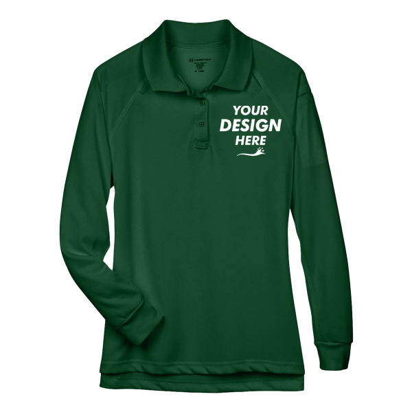 Harriton Women's Advantage Long Sleeve Tactical Polo, Dark Green, Front view, Mockup