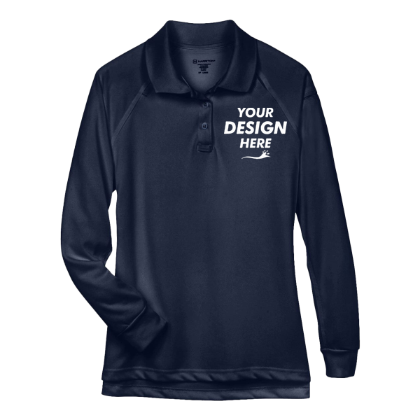 Harriton Women's Advantage Long Sleeve Tactical Polo, Dark Navy, Front view, Mockup