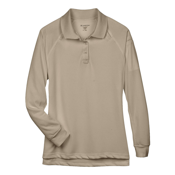 Harriton Women's Advantage Long Sleeve Tactical Polo, Desert Khaki, Front view