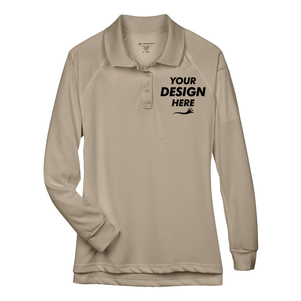 Harriton Women's Advantage Long Sleeve Tactical Polo, Desert Khaki, Front view, Mockup