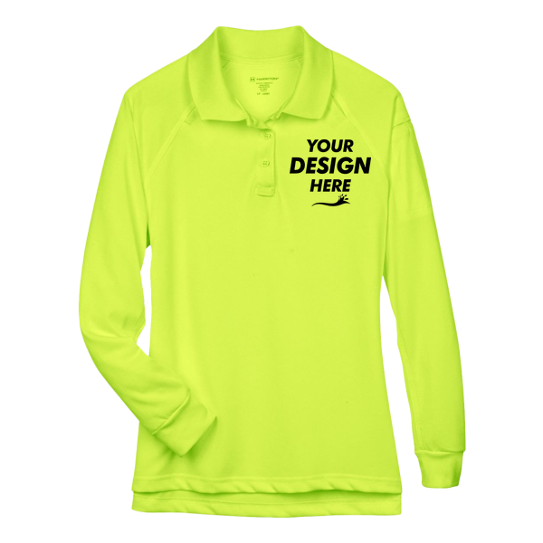Harriton Women's Advantage Long Sleeve Tactical Polo, Safety Yellow, Front view, Mockup
