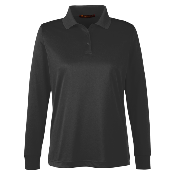 Harriton Women's Advantage Snag Protection Plus IL Long Sleeve Polo, Black, Front view