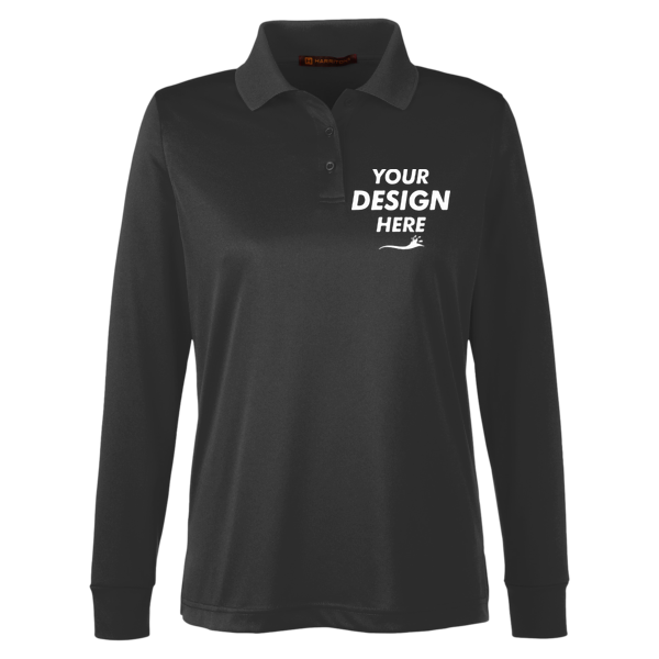 Harriton Women's Advantage Snag Protection Plus IL Long Sleeve Polo, Black, Front view, Mockup
