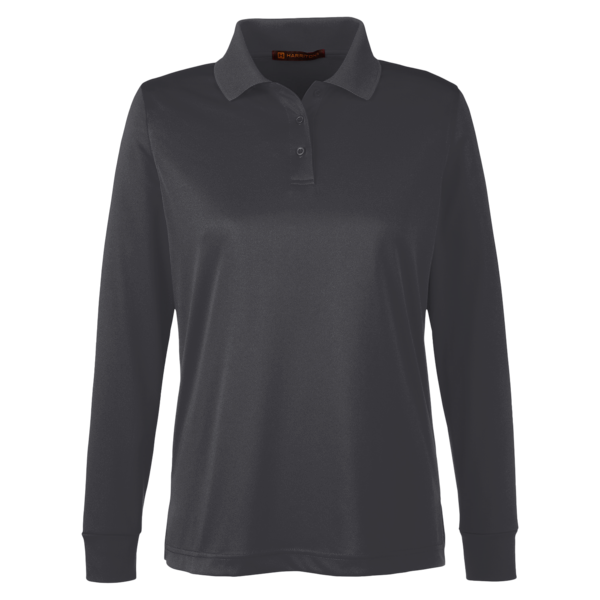 Harriton Women's Advantage Snag Protection Plus IL Long Sleeve Polo, Dark Charcoal, Front view